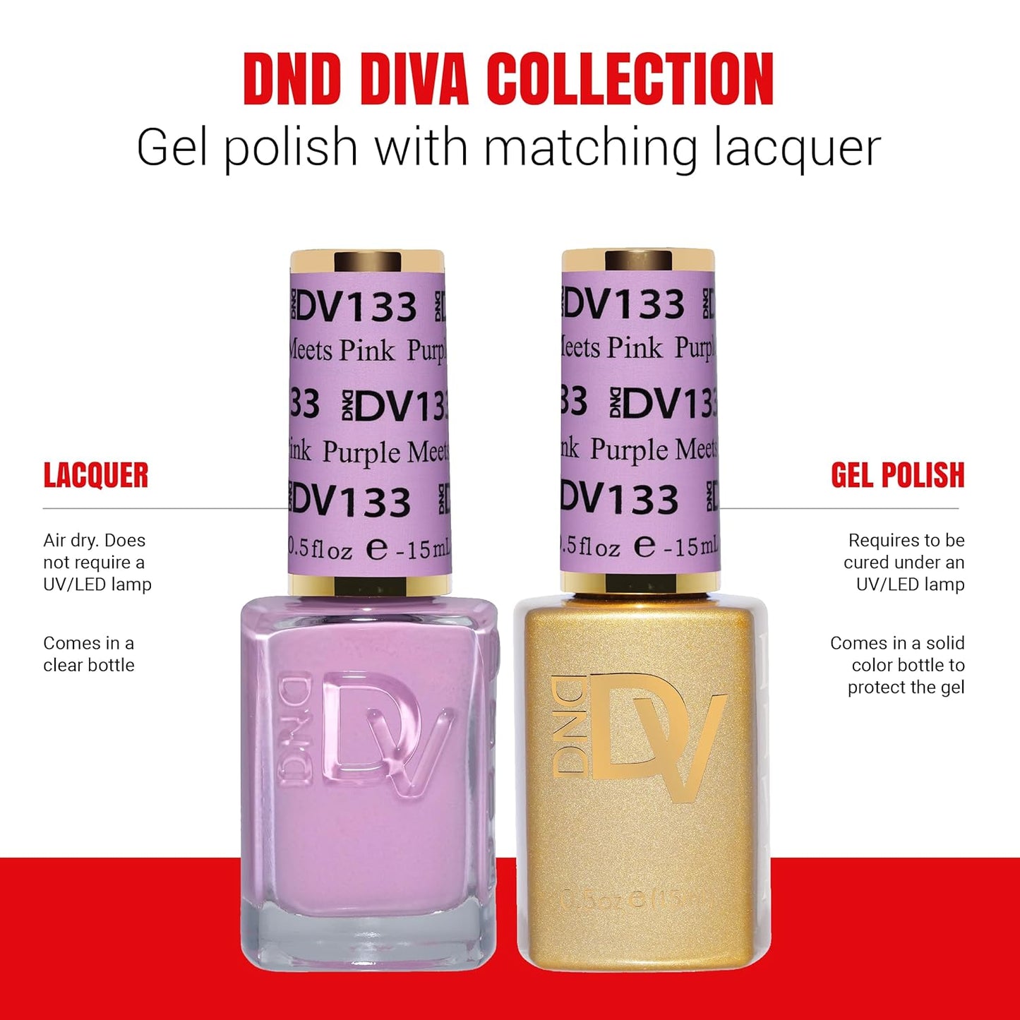 DND Gel Diva Polish Set - 1 each of Gel Polish and Nail Polish, 133 Purple Meets Pink, 0.5 Fl Oz