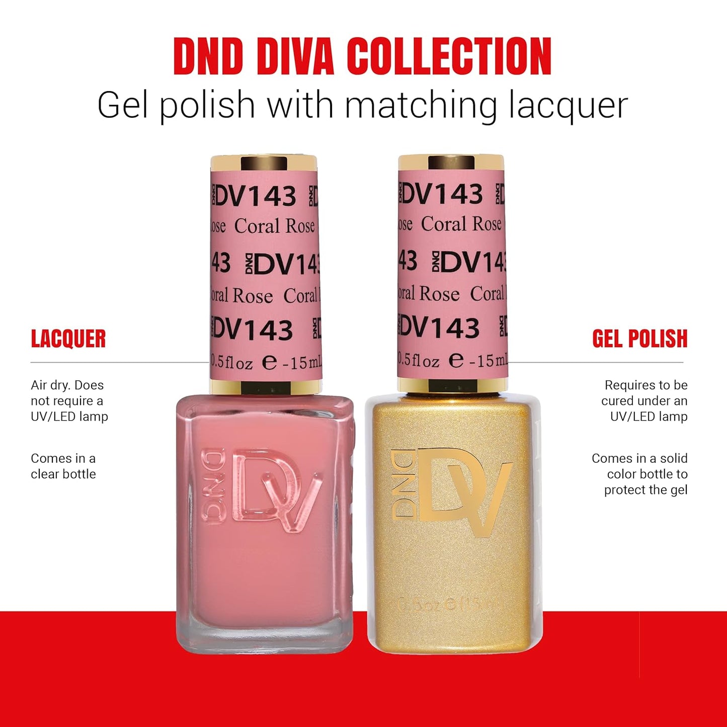 DND Gel Diva Polish Set - 1 each of Gel Polish and Nail Polish, 143 Coral Rose, 0.5 Fl Oz