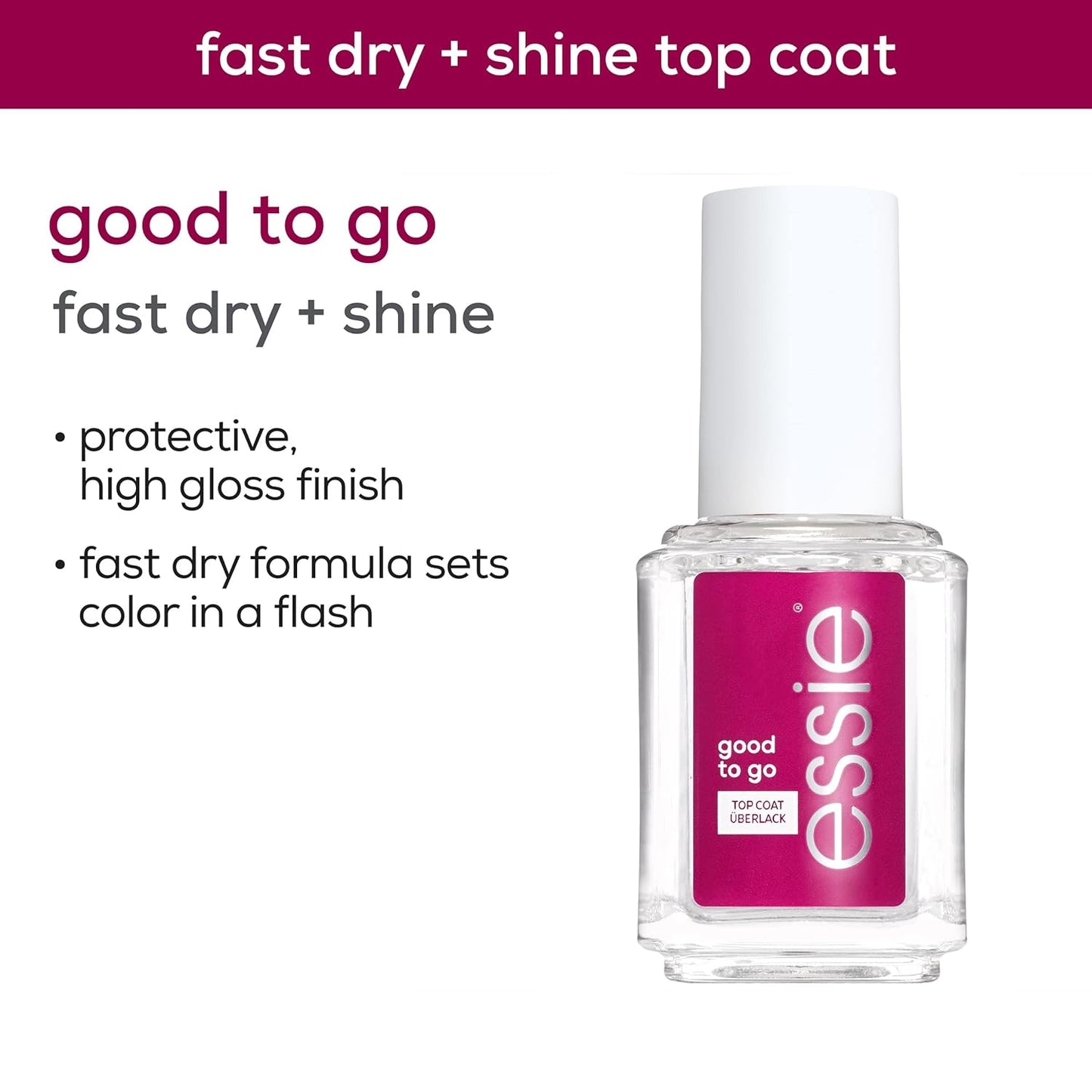 essie Nail Care, 8-Free Vegan, Good To Go Top Coat, fast dry and shine nail polish, 0.46 fl oz